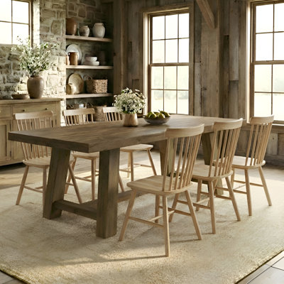 Solid Wood Dining Table Set, Rectangular Distressed Pine Dining Table And Slat Back Windsor Dining Chairs For Kitchen/Dining Room