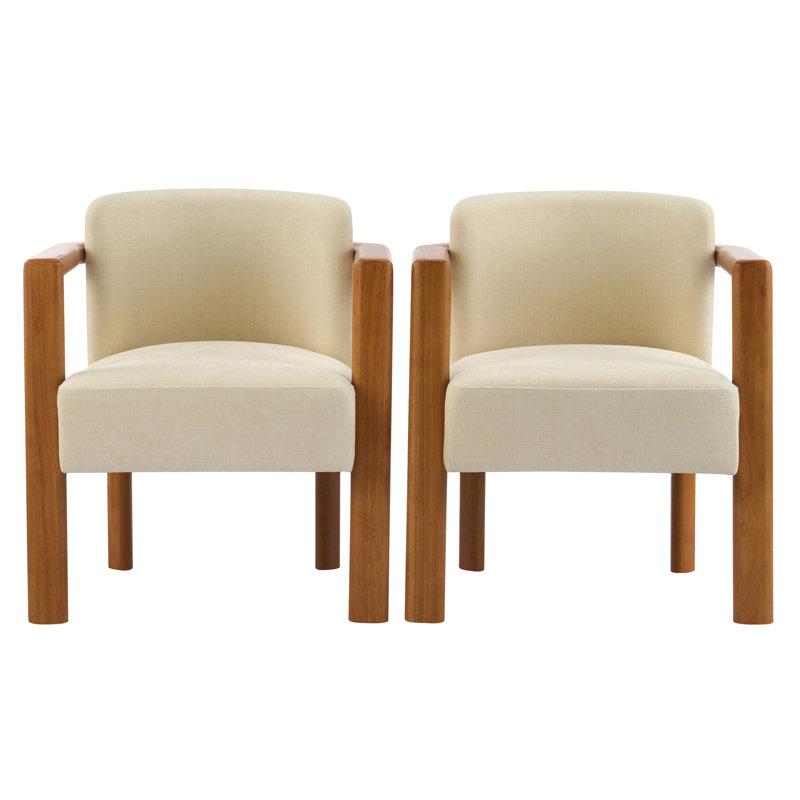 Fauteuil rembourré en tissu avec structure en bois d'hévéa beige (ensemble de 2)