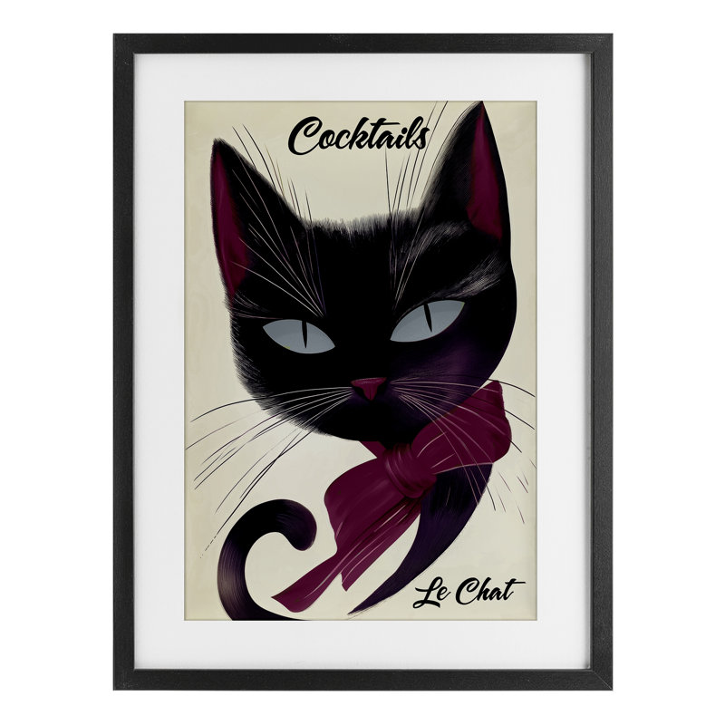 Affiche Cocktail Le Chat, reproduction sous verre, conception par Annabelle Hall, H 20 po x l 14 po, Cadre noir minuit
