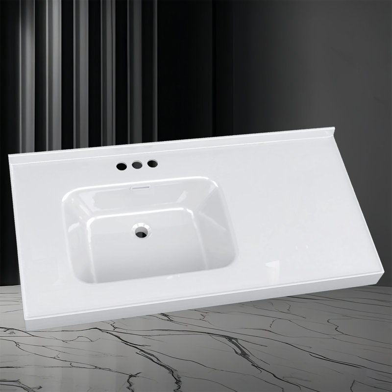 43 Inch Solid Surface Bathroom Vanity Top with Left Side Integrated Sink, 3" Thick Countertop, Raised Edge & 1.38" Backsplash, Waterproof & Easy Install