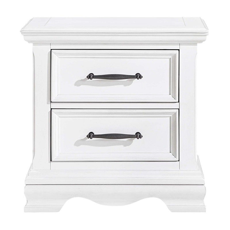 Charming White Finish 2-Drawer Nightstand With Durable Wood Construction And Classic Handles, Ideal For Elegant Bedroom Storage.