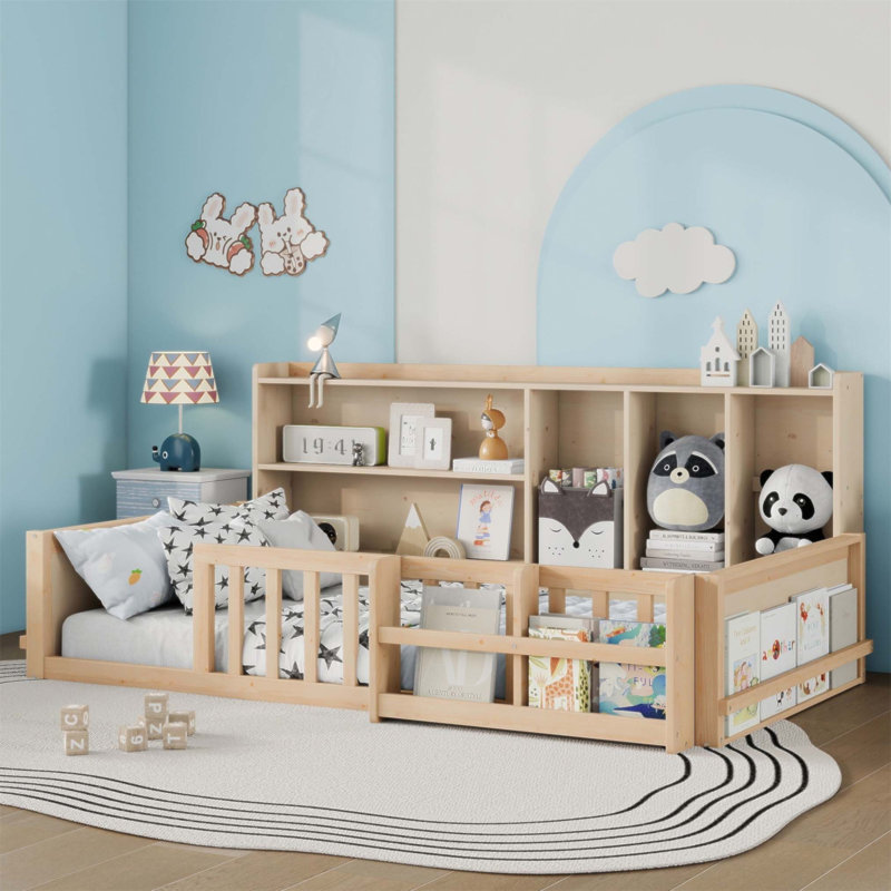 Structure de lit plateforme en bois pour enfants avec garde-corps, tablettes de rangement latérales et bibliothèque pour économiser de l'espace et de la sécurité (sans matelas)