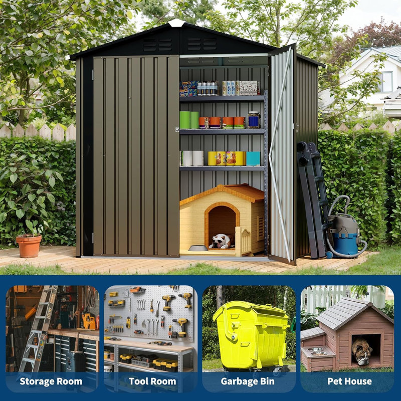 6' x 4' Outdoor Metal Storage Shed – Heavy-Duty Garden Shed with Lockable Double Doors & Gable Roof, Waterproof Tool Storage – 182 x 107 x 182 cm – Green for Patio, Backyard, Lawn