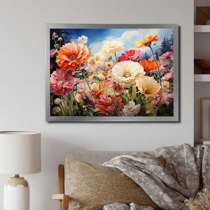" Meadow Gerbera Garden ", 12" H x 20" W, Silver Picture Framed