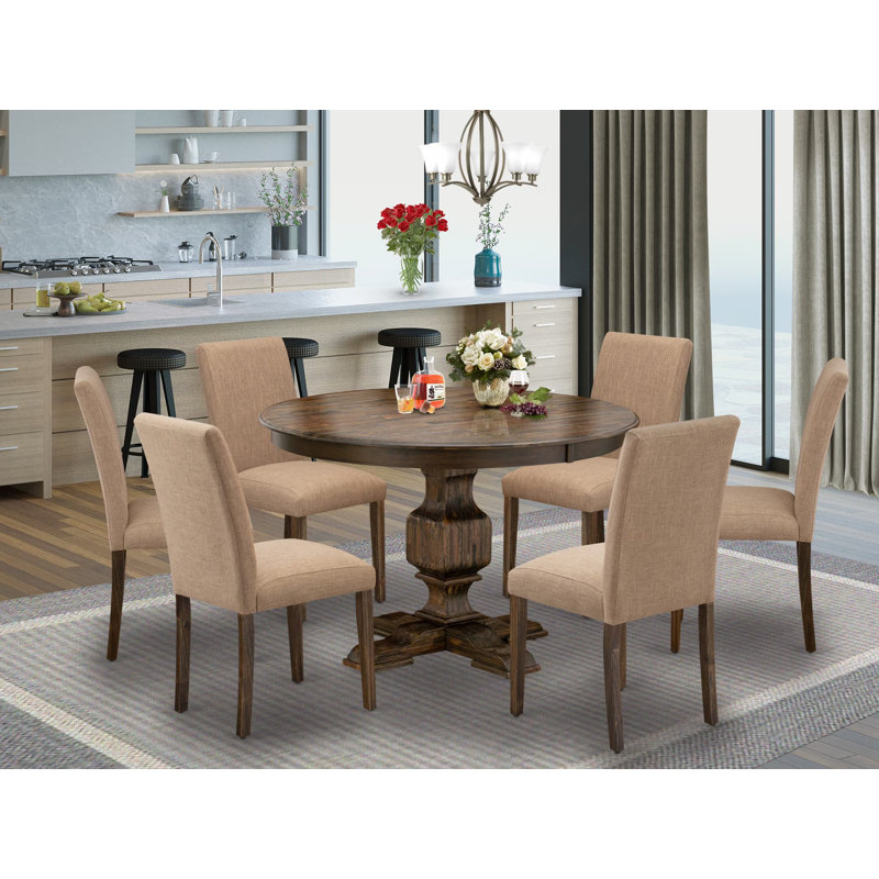 7 Piece Modern Dining Table Set Consist of a Round Wooden Table with Pedestal and 6 Light Sable Linen Fabric Parsons Dining Chairs, Distressed Jacobean