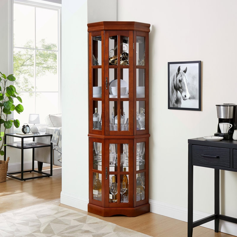 Vitrine de coin avec 5 tablettes et système d'éclairage (ampoule E26 non incluse), Noyer
