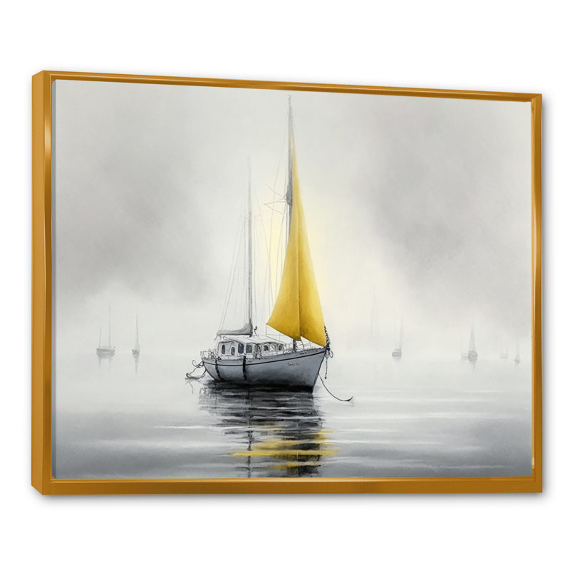 Bateau ancré III - art mural bateau côtier, H 30 po x l 40 po x P 1,5 po, Cadre flottant doré