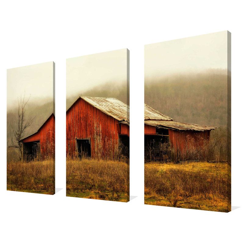 Skylight Barn in the Fog - ensemble de 3 photographies sur toile tendue, H 32 po x l 48 po x P 0,75 po