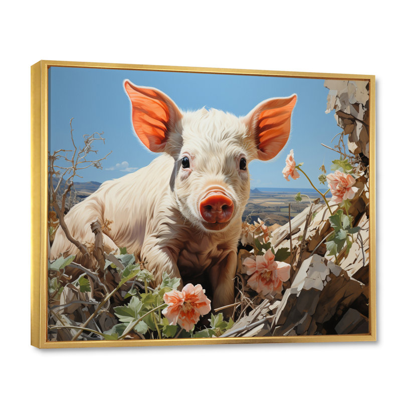 «Pink Curious Piglet Pastoral», reproduction d'art sur toile, 24" H x 32" W, Cadre flottant doré