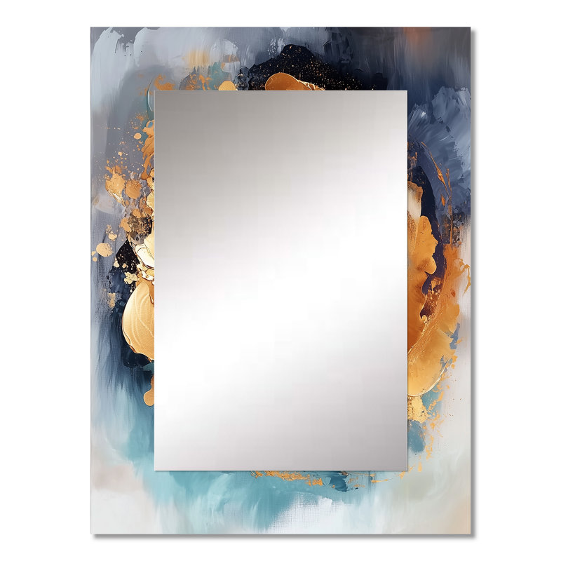 Blue And Gold Fractal Vortex III - Abstract Spirals Decorative Mirror, Modern Large Wall Mirror, Printed Metal Art, 32" x 24"