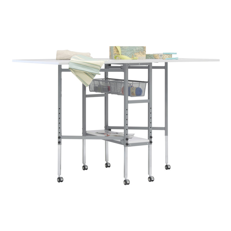 Adjustable Silver and White Folding Cutting Table with Grid Top