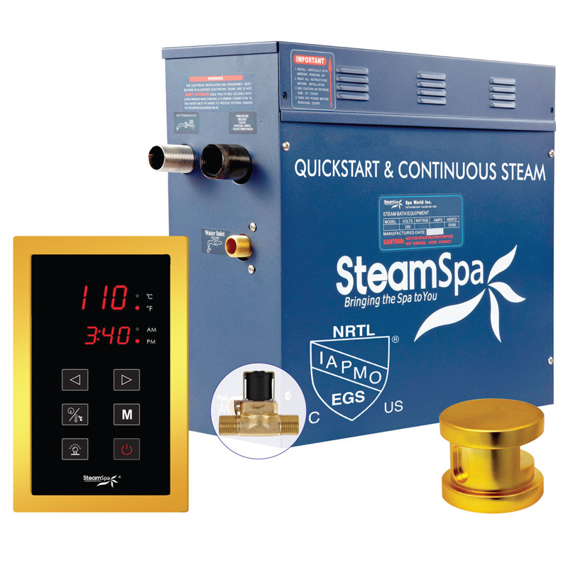 Ensemble de générateur de bain à vapeur 9 kW à démarrage rapide Steamspa Oasis Series avec drain automatique intégré en or brillant