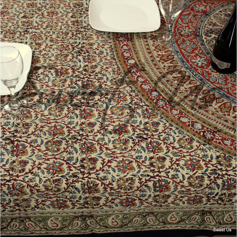 Nappe Kalamkari, 106 po carré, Rouge / vert