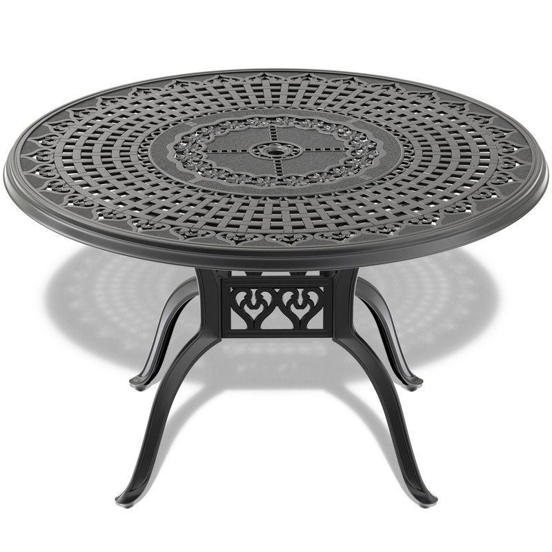Table de salle à manger 47,56 pouces en fonte d'aluminium pour patio avec cadre noir et trou pour parasol