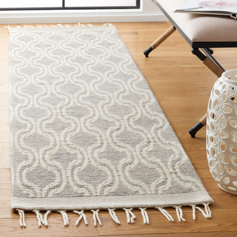 Brittaney Hand Loomed Nz Wool/Cotton Geometric Rug in Ivory, Runner 2'3" x 8'