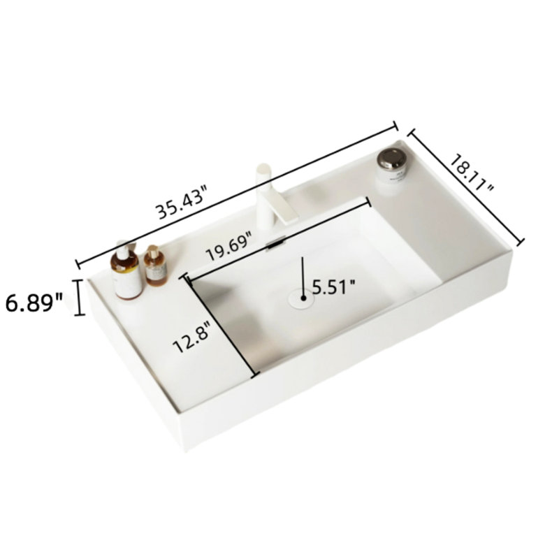 Lavabo vasque de salle de bain 36 po - Lavabo rectangulaire blanc en acrylique, tablettes en noyer foncé, idée de rangement élégante flottant avec style contemporain