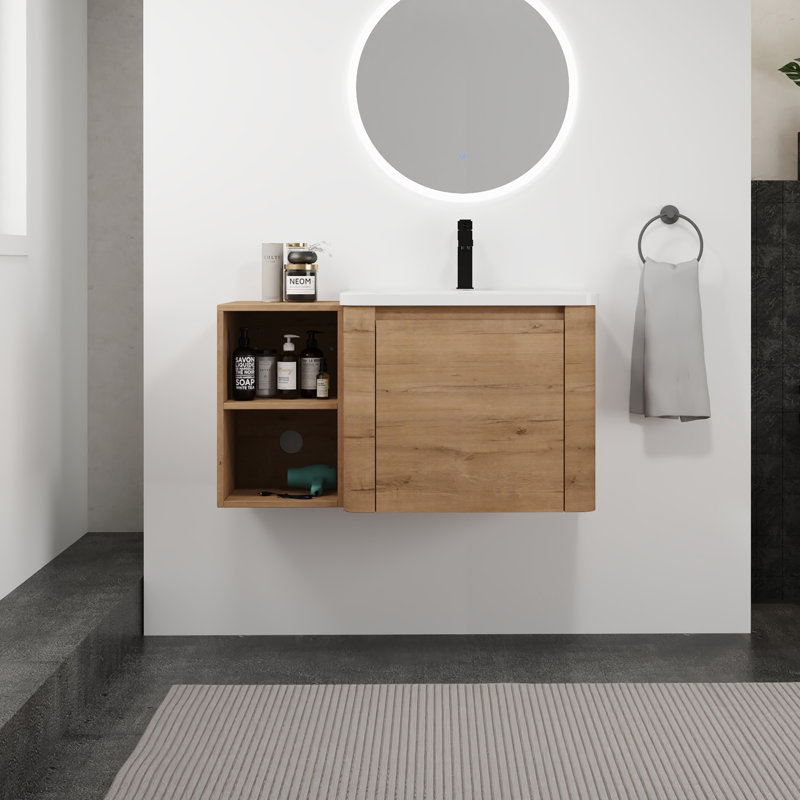 Meuble-lavabo mural 36 po avec lavabo en céramique blanche et tablettes de rangement et 1 porte à fermeture en douceur