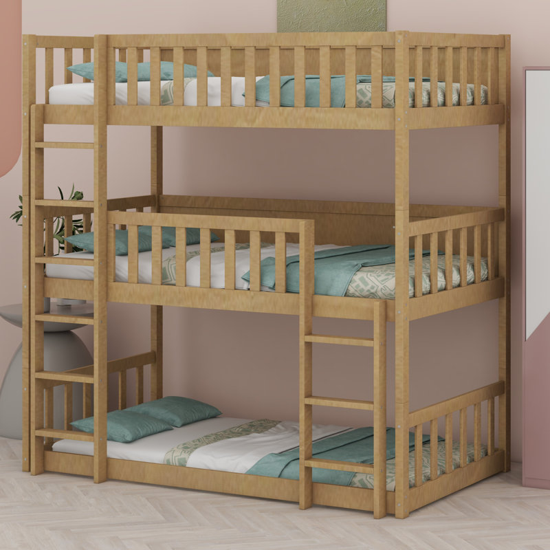 Triple Wood Bunk Bed, With Ladders, Guardrails Detachable Bunk Bed, White Oak