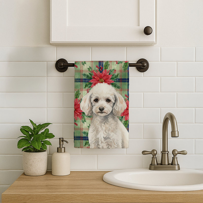 Miniature White Poodle Christmas PoinsettIas Kitchen Towel, Miniature White Poodle