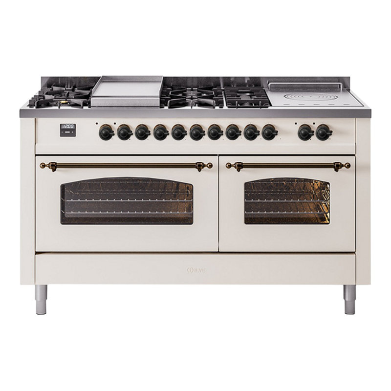 ILVE Nostalgie II 60 Dual Fuel Range, 5 Burners, Griddle, Frenchtop , Antique White/Bronze, Natural Gas