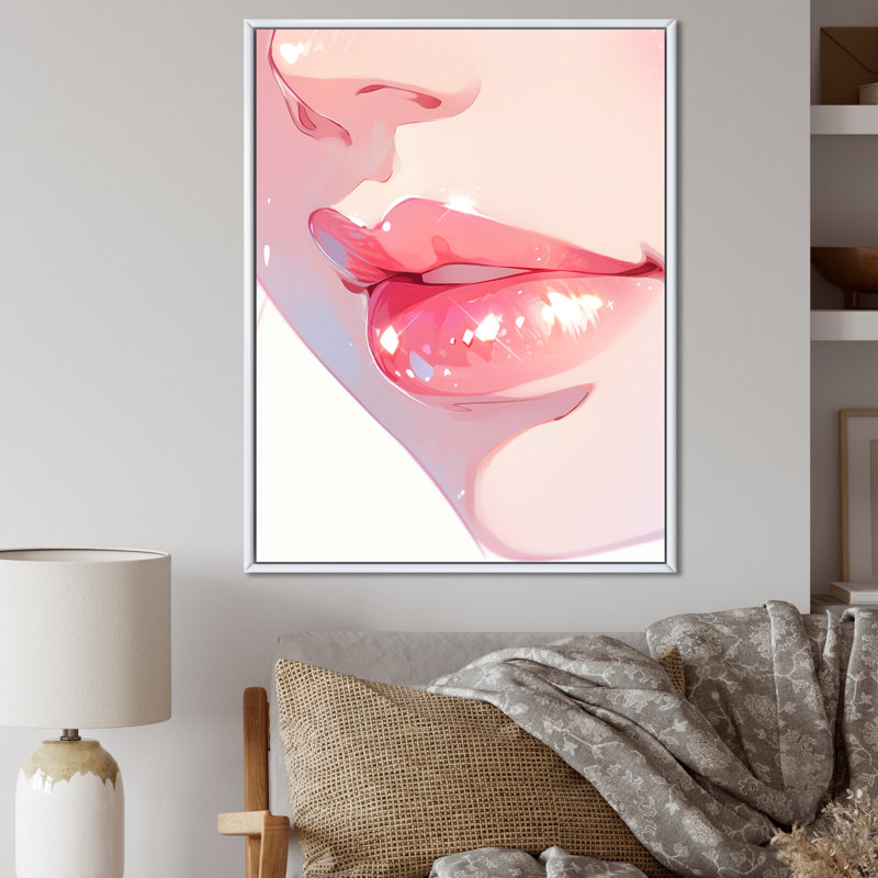 «Pink Pastel Pout Lips» sur toile, H 40 po x l 30 po x P 1,5 po, Cadre flottant blanc