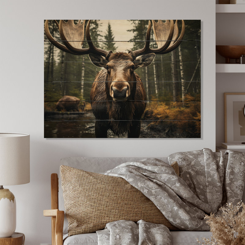 Orignal brun jaune majestueux sur bois, H 10 po x l 20 po x P 0,78 po