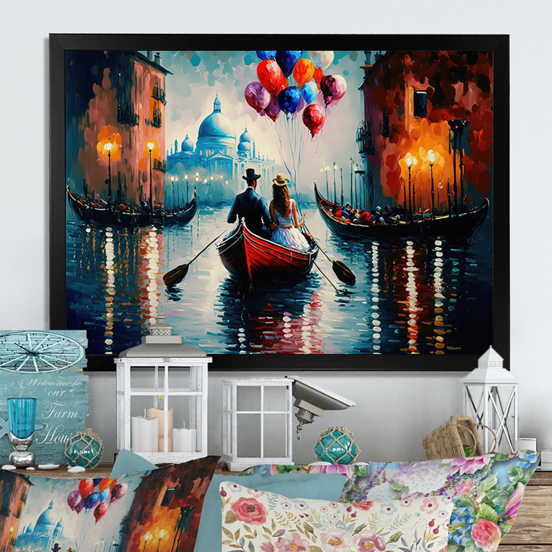 Soirée romantique sur un petit bateau III - Peinture sur toile, Cadre photo noir, H 12 po x l 20 po x P 1 po