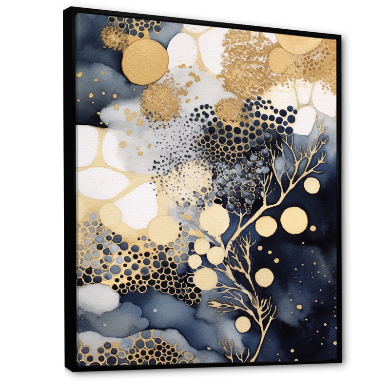 «Pastel Abstract» avec des taches bleues noires et dorées sur toile encadrée, Cadre flottant noir
