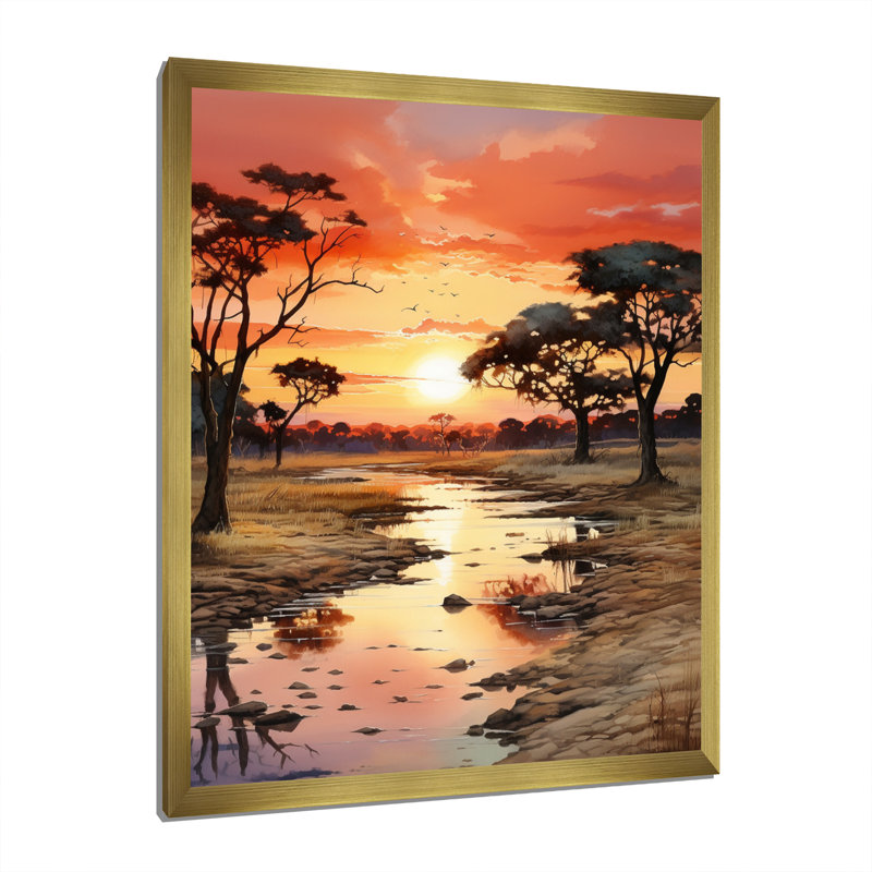 Alsey, coucher de soleil africain Oasis II, H 32 po x l 24 po x P 1 po, Encadrement doré