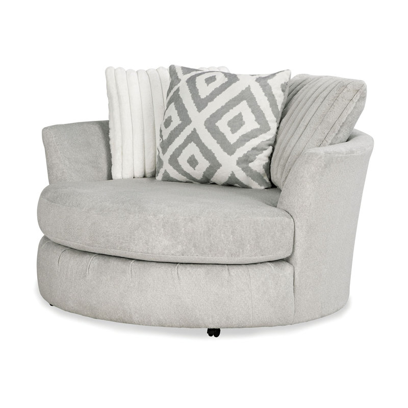 Fauteuil pivotant rond de style transitionnel avec accoudoirs incurvés en chenille grise et bois massif