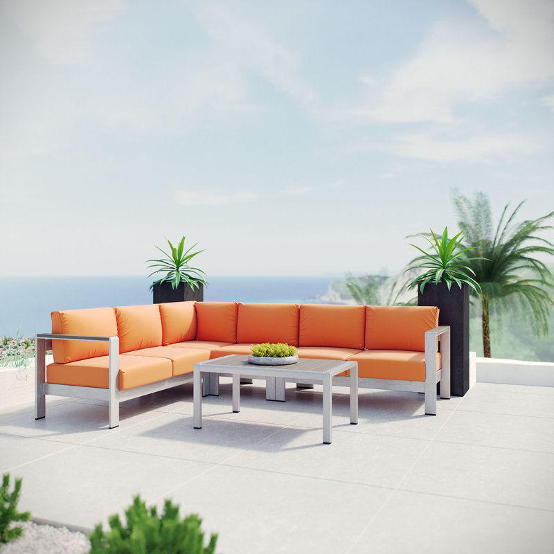 Shore 5 Piece Outdoor Patio Aluminum Sectional Sofa Set, Orange