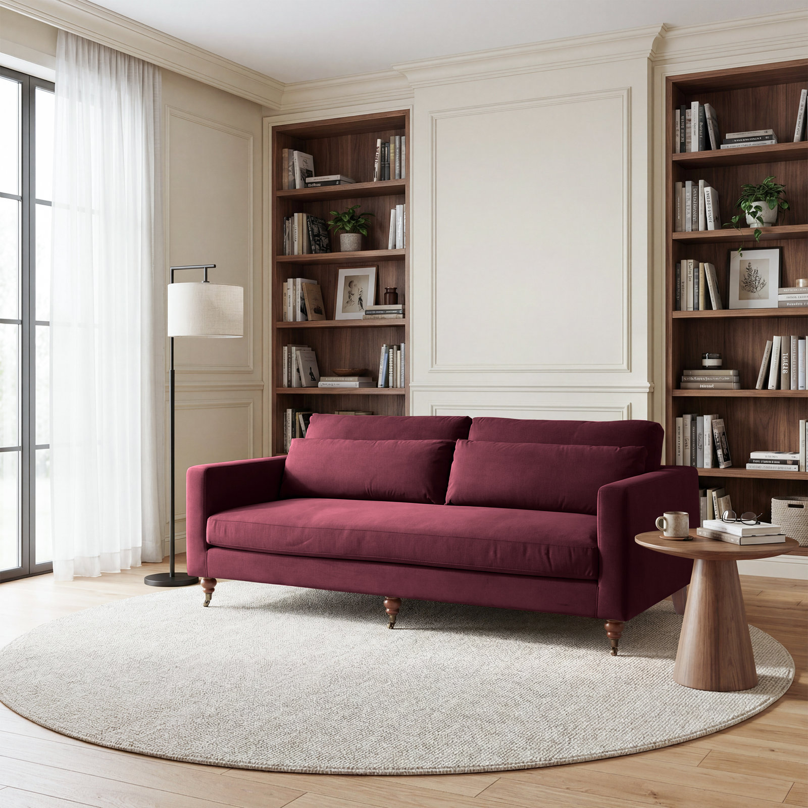 Lena 84" Wide Track Arm Sofa With Castor Legs, Cherry Red