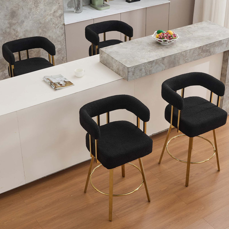 Chaise de bar en molleton moderne avec pieds en métal doré (ensembles de 2 pièces), Noir