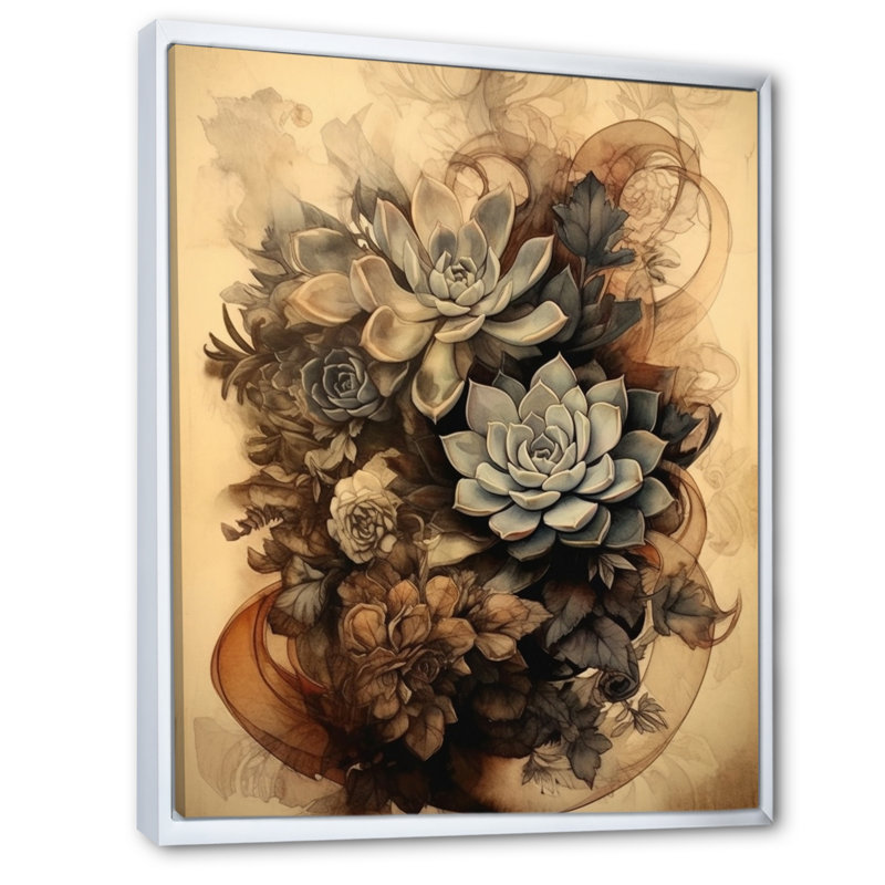 Gris, brun, résilience des plantes grasses, H 40 po x l 30 po x P 1,5 po, Cadre flottant blanc