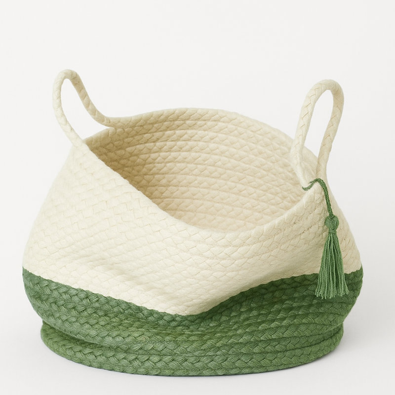 Handmade Natural Jute Relaxed Storage Basket, 17" H x 17" W x 17" D, White/Green