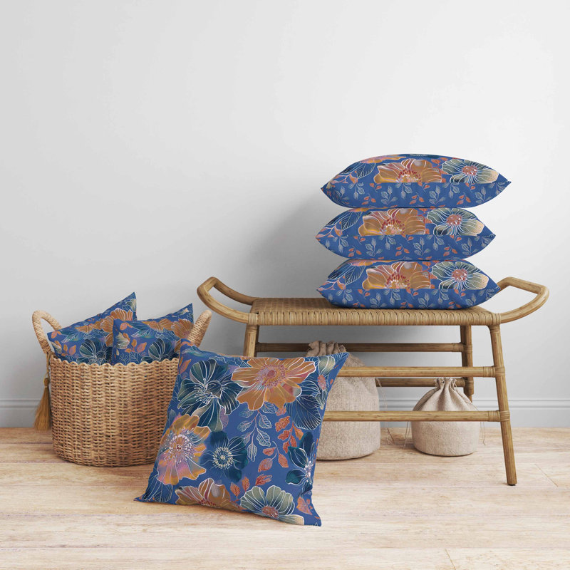 Coussin Painted Petalscape, Carré 16 po, Bleu / Blanc / Orange