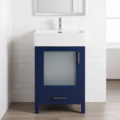 Meuble-lavabo autoportant de 20 po en bleu avec lavabo intégré en céramique blanc, porte à fermeture en douceur, assemblage requis