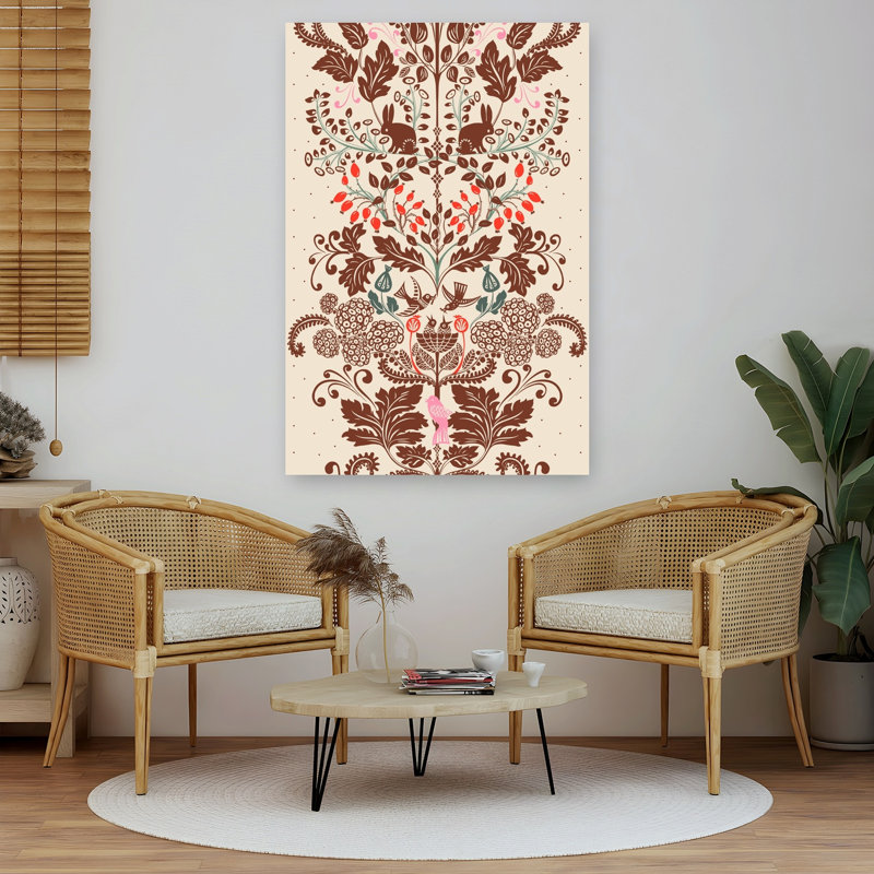 Whimsical Woodland Pattern Rustic Whimsical Abstract Bird Oak Rabbit Forest Nature Wall Art Print 1 Piece Wrapped Canvas Wall Art