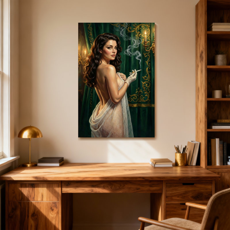 Femme élégante qui fume une cigarette en robe de soie