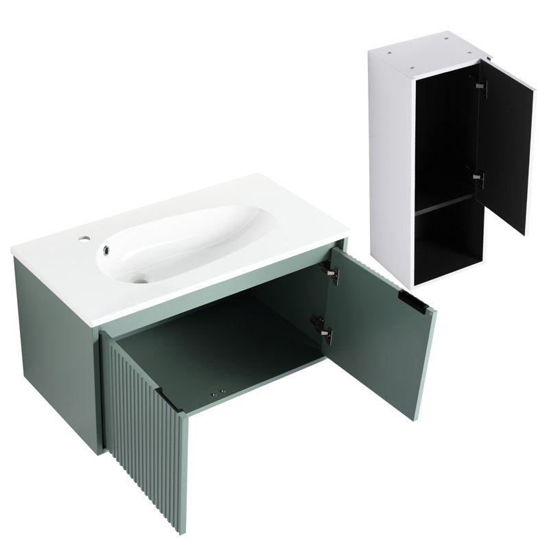 Meuble-lavabo de salle de bain moderne 36 "avec unité latérale, à fermeture douce, / blanc, armoire de rangement en résine et contreplaqué, blanc