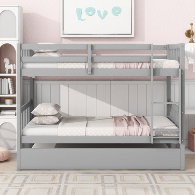 Twin Over Twin Bunk Bed with Trundle, Solid Rubber Wood Convertible Beds with Ladder & Safety Guardrails,Grey