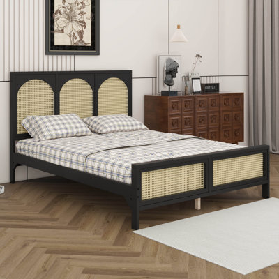 Rattan Bed Frame, Platform Bed Frame With Rattan Headboard And Footboard, Strong Slats Support