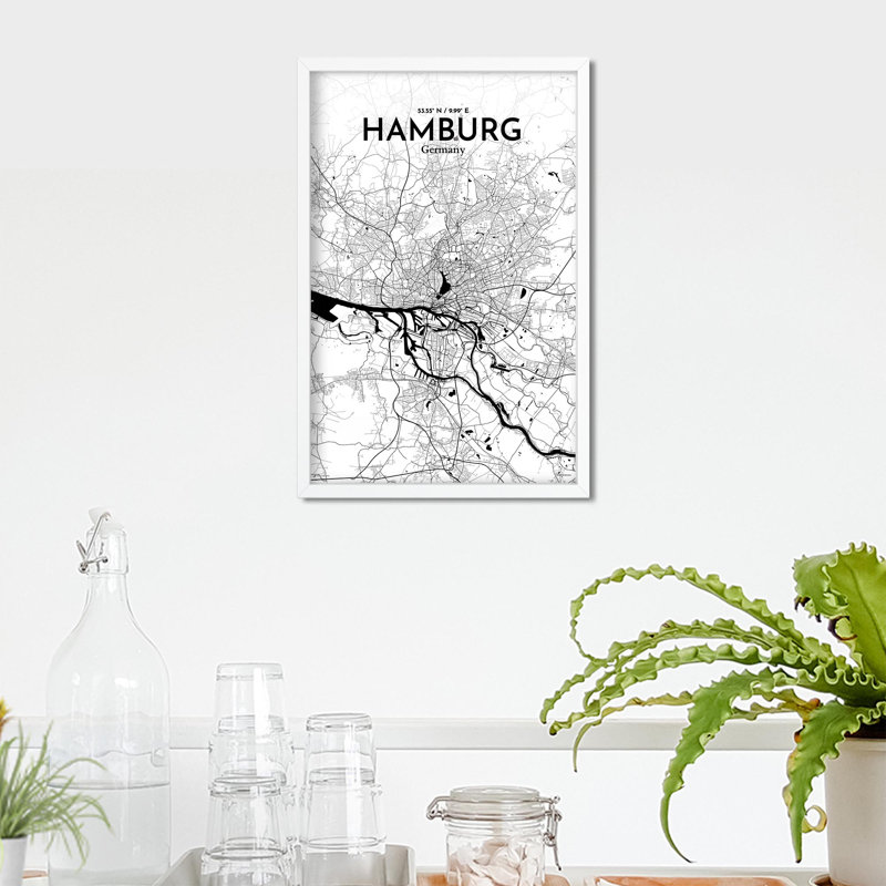 Carte de la ville de Hambourg, impression, H 17 po x l 11 po, Noir / blanc