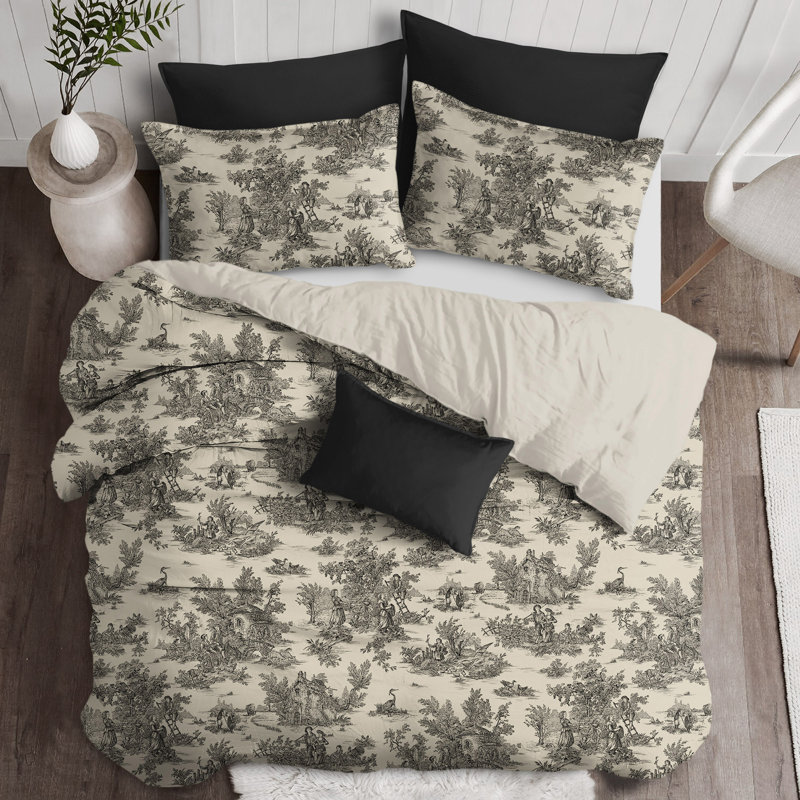 Toile De Jouy Standard Cotton Duvet Cover Set, Black, Super Queen Duvet Cover + 2 Shams