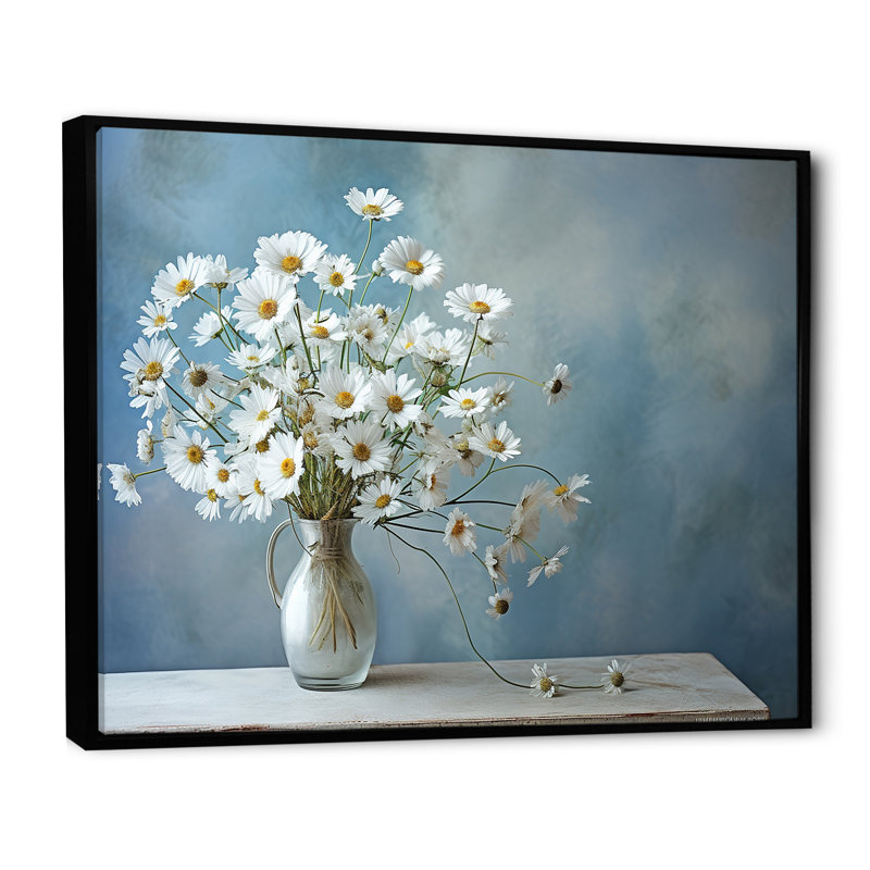Bouquet de marguerites blanches, sérénité, L 32 po x H 24 po x P 1 po, Cadre flottant noir