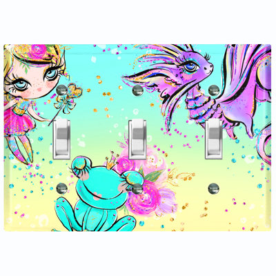 Fairy Princess Seahorse Frog Teal Yellow People 3 - Gang Toggle Light Switch Standard Wall Plate