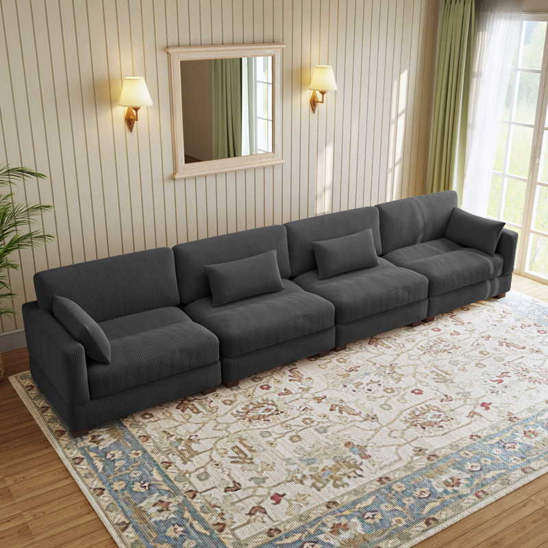 Maelina 4 - Piece Upholstered Gray Corduroy Modular Sectional Sofa with Pillow Back and Solid Wood Legs, Gray Corduroy