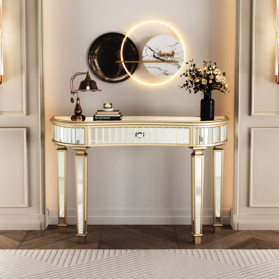 Console 47 po en demi-lune avec miroir en verre cannelé avec tiroir en cristal, argent ou or, convenant au vestiaire, au vestibule de la chambre à coucher, à la construction robuste, au tiroir à bords arrondis et au verre, doré