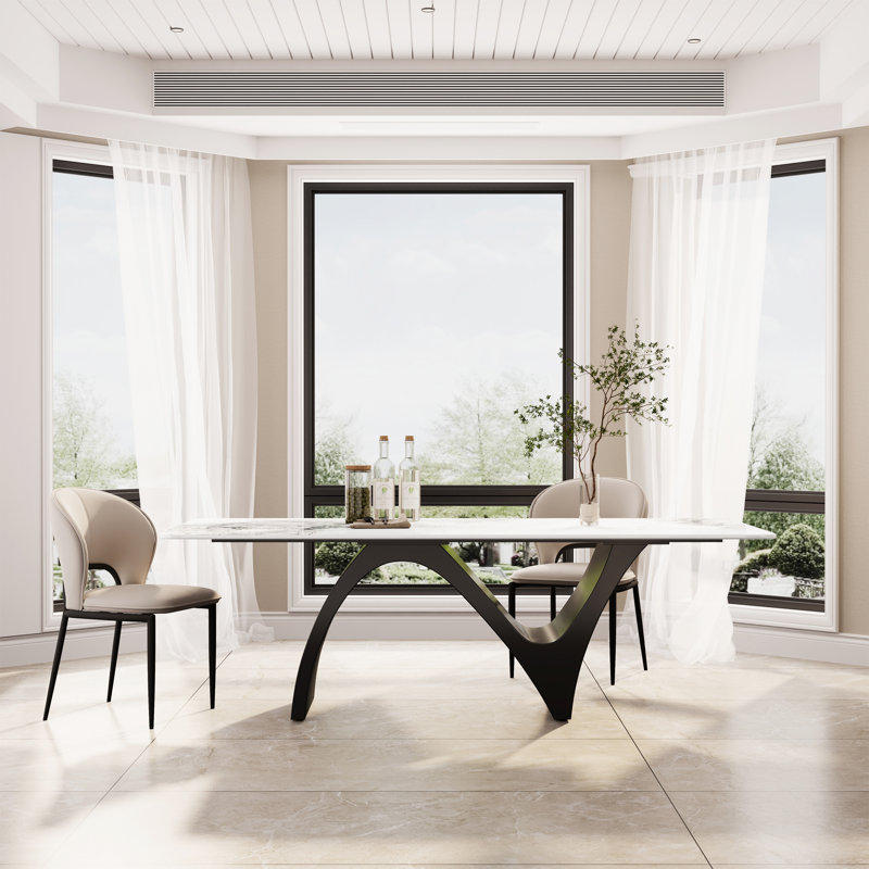 Table de salle à manger rectangulaire moderne, table de cuisine blanc brillant avec plateau en pierre frittée, pieds en acier en forme de N