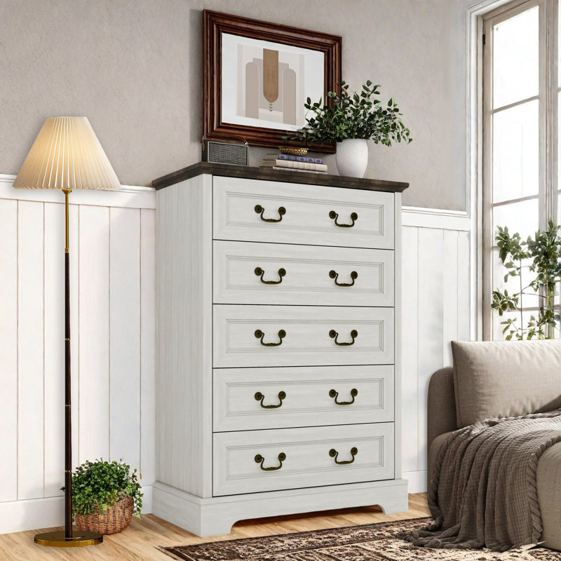 Commode de style campagne avec 5 tiroirs 31,1 po de largeur pour chambre à coucher, Gris / Brun